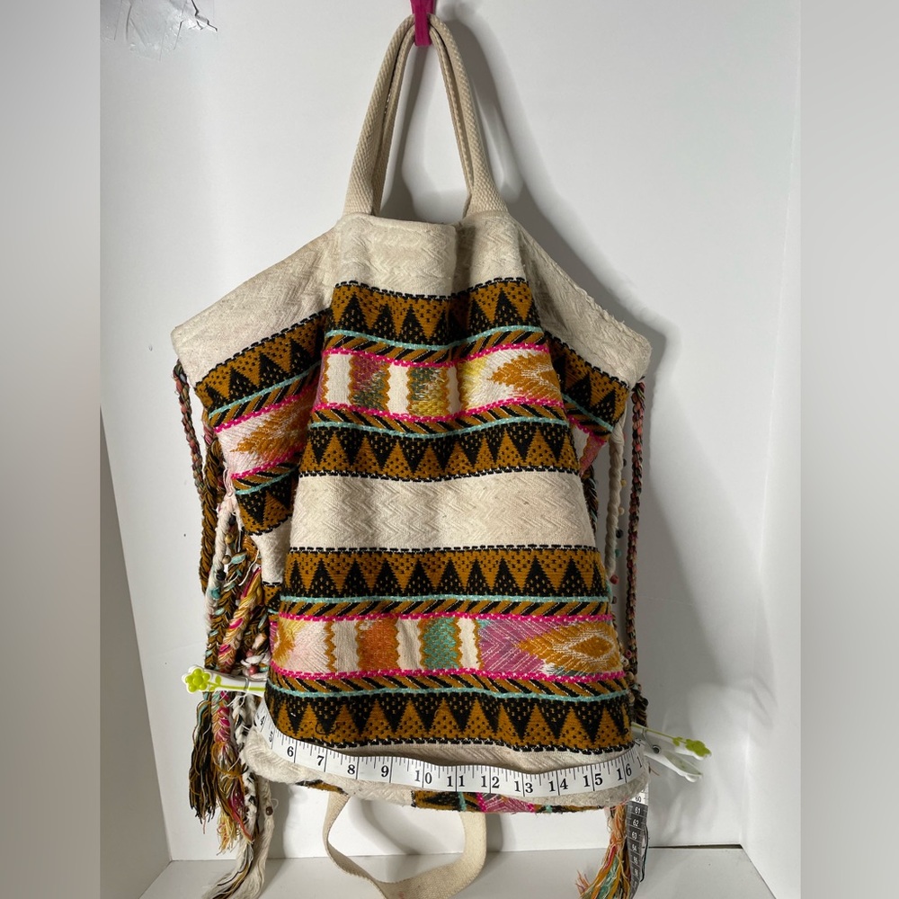 America & Beyond Boho Navajo Woven Multicolor Canvas Tote Backpack Bag - Picture 4 of 12